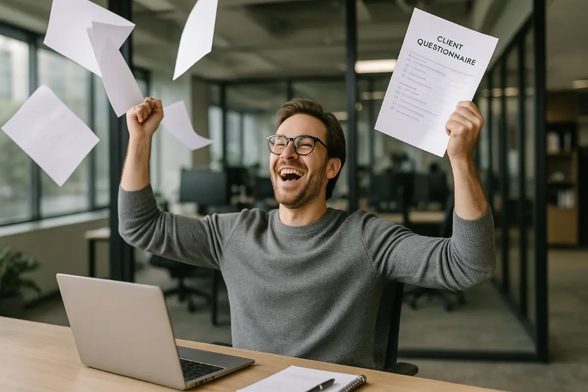 Man throwing papers in the air in a modern office environment.