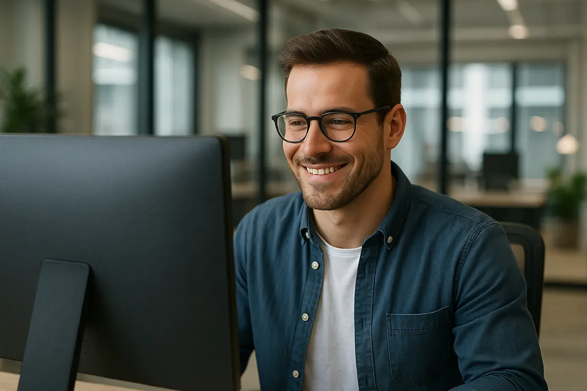 Man with glasses smiling at a computer screen in a modern office.