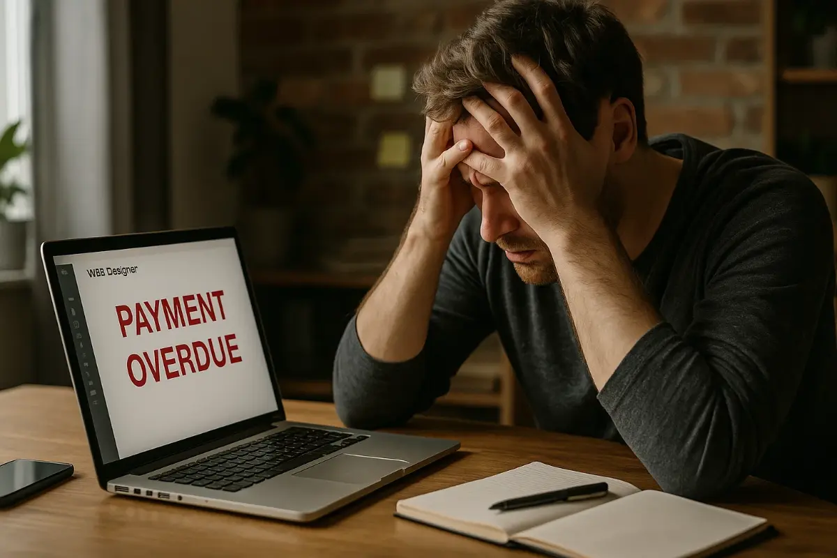 Man with head in hands stressed with late payments.