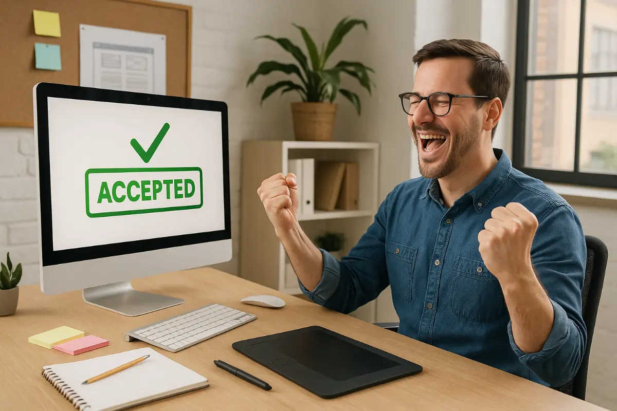 Man celebrating with a screen saying accepted on it