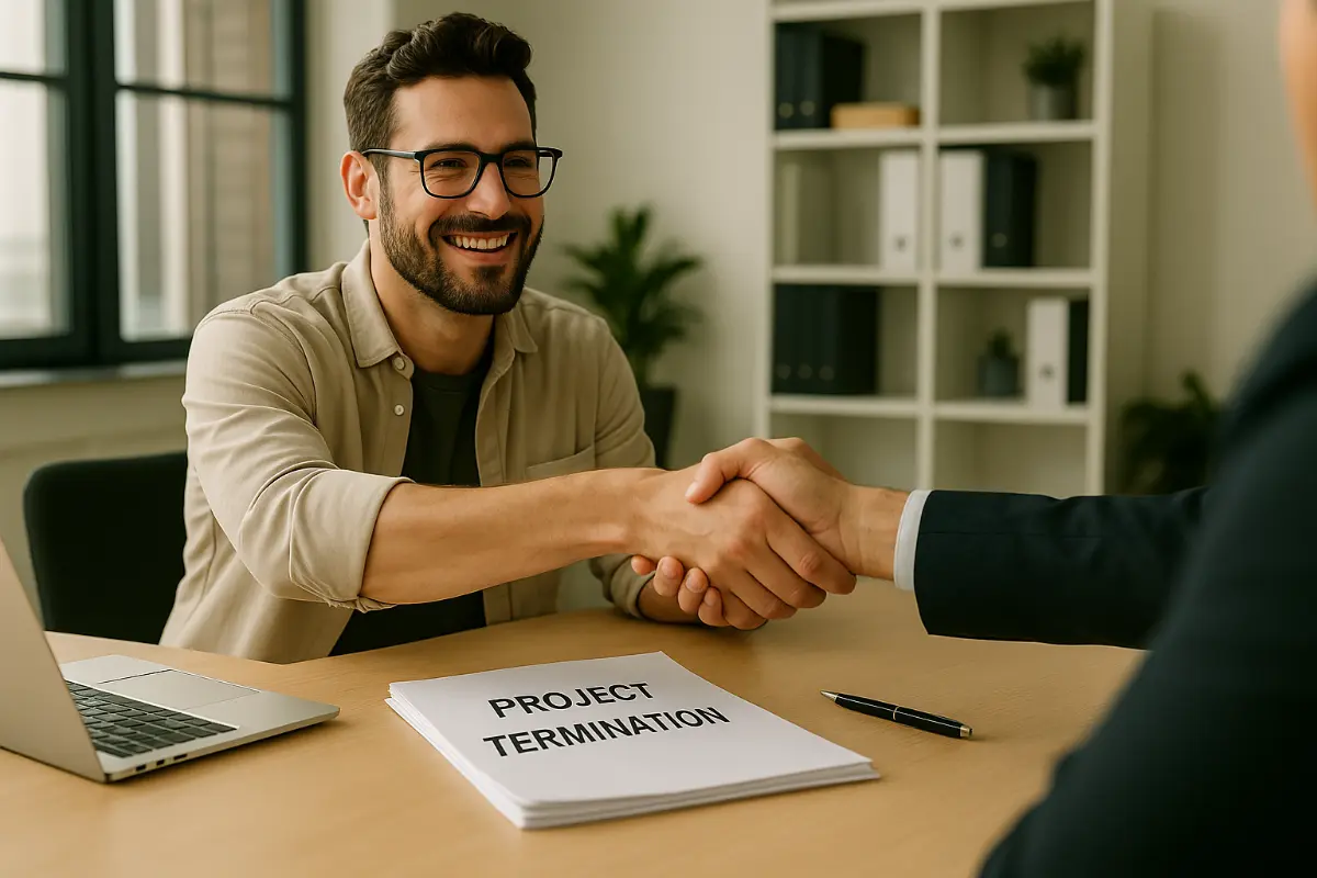 Man with glasses shaking hands with a project termination letter on the desk.