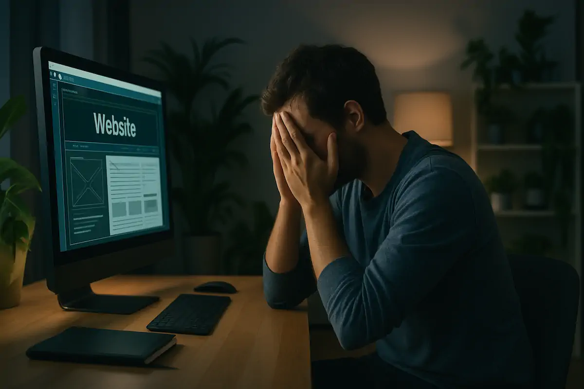 Stressed Web Designer in front of computer screen, head in hands.
